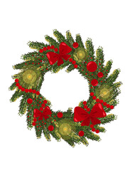 Fototapeta na wymiar Christmas wreath of Christmas tree with red decorations