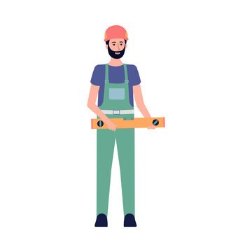 Construction worker in uniform and helmet flat vector illustration isolated.