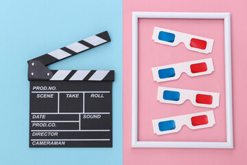 Film clapper board and 3d glasses with white frame on pink blue background. Cinema industry,...