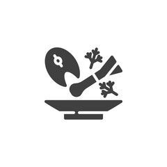 Obraz premium Fish soup ingredients vector icon. filled flat sign for mobile concept and web design. Plate with fish and herbs glyph icon. Symbol, logo illustration. Vector graphics