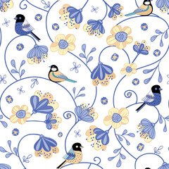 Vector flowers and birds on white seamless pattern print background.