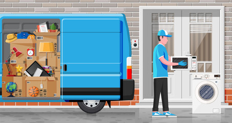 Moving to new house. Family relocated to new home. Male mover, paper cardboard boxes near house. Package for transportation. Delivery van car, computer, lamp. Vector illustration in flat style