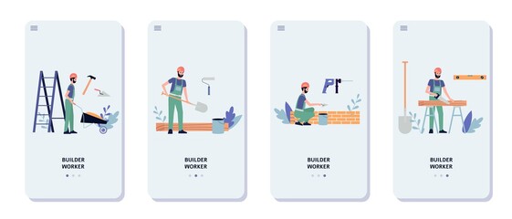 Set of mobile pages for construction works with builder flat vector illustration.