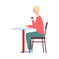 Blond man character drinking coffee at table flat vector illustration isolated.