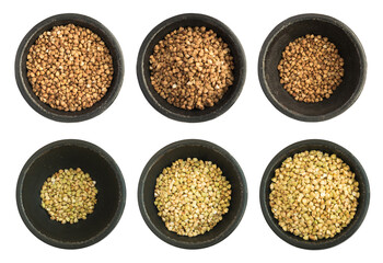 Raw Buckwheat Grains Heap in Black Iron Bowl