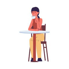Woman sitting in cafe or coffee shop and flat vector illustration isolated.