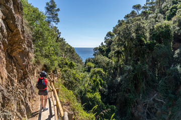 Hiker woman going down towards "Pedrosa" cove in Llafranc.