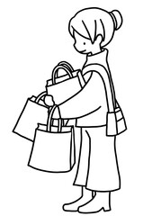 ショッピング・セールでたくさんの買い物をして、満足な表情をした女性の手描き線画イラスト