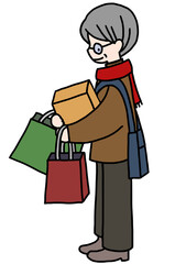 ショッピング・セールでたくさんの買い物をして、満足な表情をした中年男性の手描きイラスト