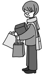 ショッピング・セールでたくさんの買い物をして、満足な表情をした中年男性の手描きモノクロイラスト