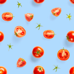 Seamless pattern with red ripe tomatoes. Tomato isolated on blue background. Vegetable abstract seamless pattern. Organic Tomatoes flat lay