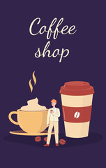 Coffee shop flyer template with man enjoying drink flat vector illustration.