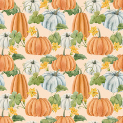 Beautiful autumn seamless pattern with watercolor pumpkin vegetables, leaves and flowers . Stock illustration.