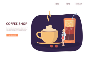 Website interface design for coffee shop or cafeteria flat vector illustration.