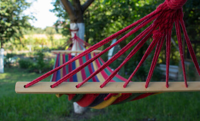 a colorful hammock between trees in the backyard