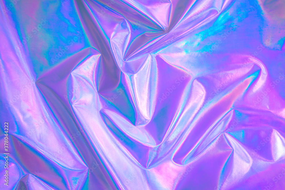 Poster blurred abstract modern pastel colored holographic background in 80s style. crumpled iridescent foil