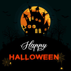 Halloween greeting card. castle near cemetery. flying bats and moon. vector