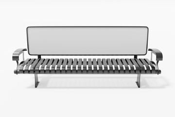 Metal bench with blank billboard for outdoor advertising on a white background. 3D rendering illustration