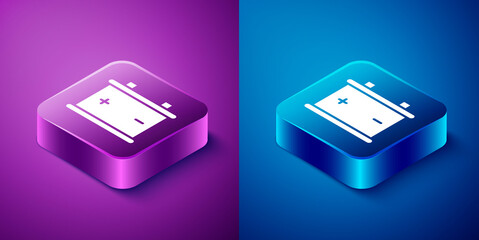 Isometric Car battery icon isolated on blue and purple background. Accumulator battery energy power and electricity accumulator battery. Square button. Vector Illustration.