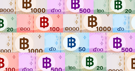 banknote money thai baht pattern for background, money 1000, 500, 100, 50, 20 baht flat style in top view, thai currency THB for wallpaper, paper money for banner background, business finance concept