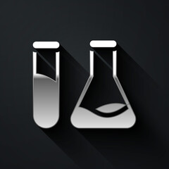 Silver Test tube and flask - chemical laboratory test icon isolated on black background. Laboratory glassware sign. Long shadow style. Vector Illustration.