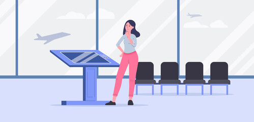 Woman faces electronic interactive kiosk in airport, flat vector illustration.