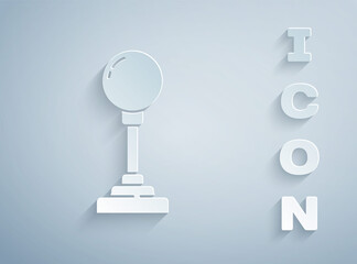 Paper cut Joystick for arcade machine icon isolated on grey background. Joystick gamepad. Paper art style. Vector Illustration.