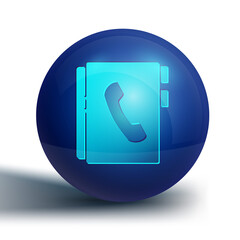 Blue Address book icon isolated on white background. Notebook, address, contact, directory, phone, telephone book icon. Blue circle button. Vector Illustration.