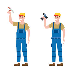 Set Construction workers with cordless screwdriver, plastering trowel tools in workwear
