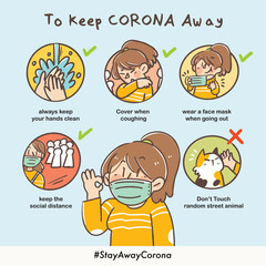 How To Keep Corona Away Pandemic Safety Campaign Vector Illustration