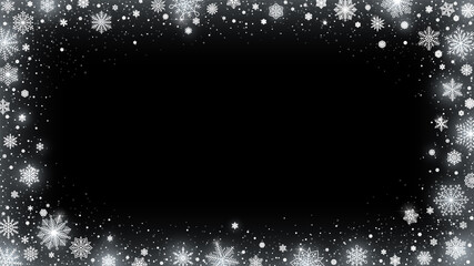 Blizzard snow frame. Snowed border, shiny white snowflakes and frosted winter card 16x9 vector illustration background
