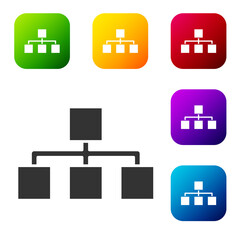 Black Business hierarchy organogram chart infographics icon isolated on white background. Corporate organizational structure graphic elements. Set icons in color square buttons. Vector.