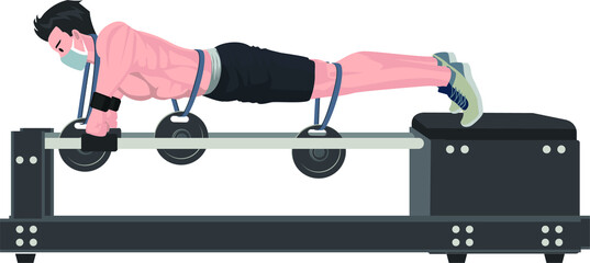 A man holding a weights while doing push up at gym illustration