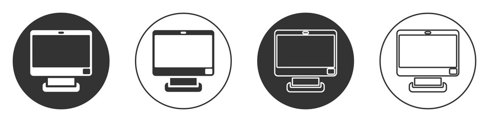 Black Computer monitor screen icon isolated on white background. Electronic device. Front view. Circle button. Vector.