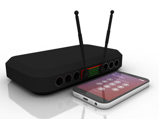 3d rendering Transmitter WiFi with mobile phone 
