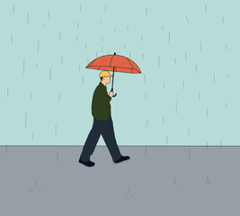 Man with Umbrella walking on street under the Rain in city during coronavirus covid-19 pandemic.Stay safe.Autumn fall weather season, rainy day.