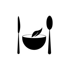 Vegetarian restaurant icon. spoon, knife, leaf icon on top of bowl. Design template vector