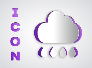 Paper cut Cloud with rain icon isolated on grey background. Rain cloud precipitation with rain drops. Paper art style. Vector.