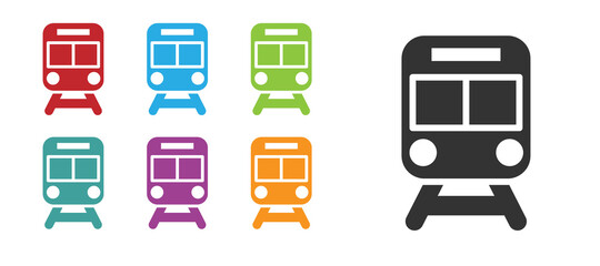 Black Train and railway icon isolated on white background. Public transportation symbol. Subway train transport. Metro underground. Set icons colorful. Vector.