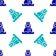 Blue Cargo ship icon isolated seamless pattern on white background. Vector.