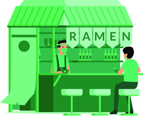 A man eating ramen as his meal at ramen shop during new normal