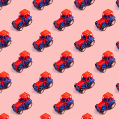 Colorful toy tractor in neon lights against pink background. Seamless pattern.