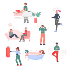 People Doing Different Activities to Calm Down Stressful Emotions Set, Psychological Help, Meditation, Boxing, Doing Massage, Listening Music Vector Illustration