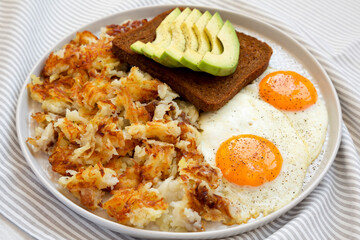 Tasty Homemade Fried Hashbrowns and Eggs on a plate, low angle view. Close-up.