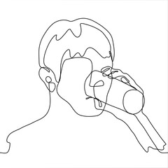 head portrait of a man with short hair drinking liquid from a tall glass. one continuous line drawing man drinking water / quenching his thirs