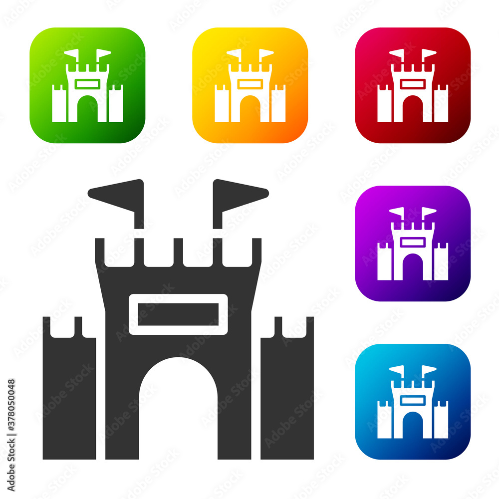 Poster black castle icon isolated on white background. set icons in color square buttons. vector.