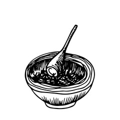 Vector grunge drawing of a wooden plate with a mortar inside. Traced hand drawn illustration of wood utensil chopping process