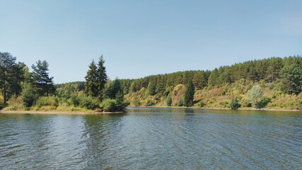 green coastal landscape by the lake with trees against the blue sky on a sunny day