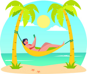 Masked woman sunbathing on the beach during holiday illustration