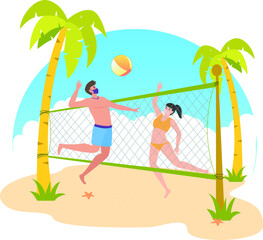 Masked man and woman are playing volley together at the beach during holiday illustration